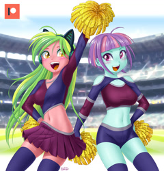 Size: 1200x1248 | Tagged: safe, artist:uotapo, imported from derpibooru, lemon zest, sunny flare, equestria girls, adoraflare, belly button, breasts, cheerleader, cheerleader outfit, clothes, cute, duo, duo female, female, midriff, open mouth, patreon, patreon logo, pom pom, socks, stockings, thigh highs, zestabetes