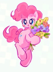 Size: 891x1208 | Tagged: safe, artist:osawari64, imported from derpibooru, pinkie pie, earth pony, pony, blushing, bouquet, cute, diapinkes, female, flower, happy, holding, mare, open mouth, open smile, simple background, smiling, solo, white background