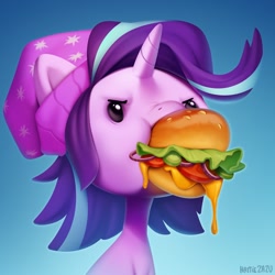 Size: 1000x1000 | Tagged: safe, artist:zazush-una, imported from derpibooru, starlight glimmer, pony, unicorn, beady eyes, beanie, burger, bust, collaboration, collaboration:choose your starlight, female, food, glare, hat, majestic as fuck, mare, mouth hold, nom, nose wrinkle, portrait, solo