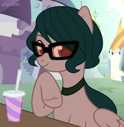 Size: 1084x1110 | Tagged: safe, artist:unichan, imported from derpibooru, oc, oc only, oc:silent shot, pegasus, pony, choker, commission, drink, female, mare, missing wing, raised hoof, soda, solo, sunglasses, table, ych result