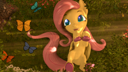 Size: 3840x2160 | Tagged: safe, artist:sylthena, imported from derpibooru, fluttershy, butterfly, pegasus, pony, 3d, adorable face, bush, cute, daaaaaaaaaaaw, female, flower, folded wings, forest, glowing, glowing eyes, grass, ground, happy, lying down, lying in grass, on back, outdoors, shyabetes, smiling, solo, source filmmaker, tail, thief, tree, unshorn fetlocks, volumetric light, wings