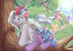 Size: 4096x2896 | Tagged: safe, artist:cutepencilcase, imported from derpibooru, hitch trailblazer, izzy moonbow, pipp petals, sunny starscout, zipp storm, earth pony, pegasus, pony, unicorn, colored pupils, female, g5, group, male, mane five (g5), mare, perching, smiling, stallion, tree, tree branch, waterfall