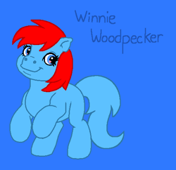 Size: 504x487 | Tagged: safe, artist:mlpfanboy579, imported from derpibooru, bird, earth pony, pony, blue background, blue eyes, blue tail, crossover, female, full body, g3, hooves, mare, ponified, rearing, red hair, red mane, simple background, smiling, solo, tail, the new woody woodpecker show, winnie woodpecker, woodpecker, woody woodpecker