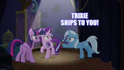 Size: 1280x720 | Tagged: safe, edit, edited screencap, imported from derpibooru, screencap, starlight glimmer, trixie, twilight sparkle, alicorn, no second prances, caption, female, image macro, lesbian, meme, shipping, text, twilight sparkle (alicorn), twistarlight