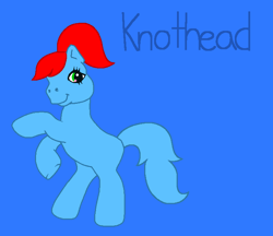 Size: 719x622 | Tagged: safe, artist:mlpfanboy579, imported from derpibooru, bird, earth pony, pony, bipedal, blue background, blue tail, female, full body, g3, green eyes, hooves, knothead, mare, ponified, ponytail, rearing, red hair, red mane, simple background, smiling, solo, standing, tail, the new woody woodpecker show, woodpecker, woody woodpecker