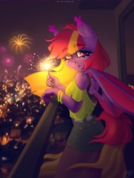 Size: 3077x4096 | Tagged: safe, artist:irinamar, imported from derpibooru, oc, oc only, anthro, bat pony, balcony, eyebrows, eyebrows visible through hair, female, fireworks, looking at you, night, solo, sparkler (firework)