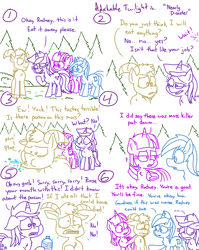 Size: 4779x6013 | Tagged: safe, artist:adorkabletwilightandfriends, imported from derpibooru, amethyst star, minuette, sparkler, twilight sparkle, oc, oc:rodney, alicorn, goat, pony, unicorn, comic:adorkable twilight and friends, adorkable, adorkable twilight, comic, confused, conversation, converse, cute, discussion, dork, fertilizer, garden, help, helping, lawn, moss, nervous, question, remorse, sad, scared, shoes, slice of life, spit, spitting, twilight sparkle (alicorn), water, yard