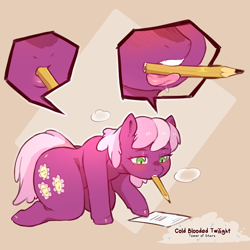 Size: 1200x1200 | Tagged: safe, artist:cold-blooded-twilight, imported from derpibooru, cheerilee, earth pony, semi-anthro, beige background, blushing, kneeling, lidded eyes, mouth hold, mouthplay, panting, paper, pencil, simple background, solo, tongue out, unshorn fetlocks, writing