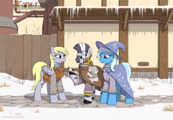 Size: 1745x1215 | Tagged: safe, artist:eriada, imported from derpibooru, derpy hooves, trixie, zecora, earth pony, pegasus, pony, unicorn, zebra, bag, clothes, letter, magic, saddle bag, scroll, smiling, snow, telekinesis, winter