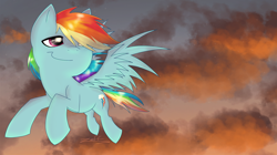 Size: 2300x1289 | Tagged: safe, artist:zeffdakilla, imported from derpibooru, rainbow dash, pegasus, pony, cloud, flying, scene, scenery, smiling, solo, spread wings, wings
