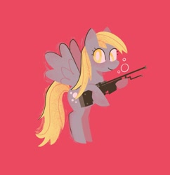Size: 1982x2048 | Tagged: safe, artist:cyberspit, imported from derpibooru, derpy hooves, pegasus, pony, gun, red background, rifle, simple background, sniper rifle, solo, weapon, white pupils
