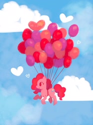Size: 1535x2048 | Tagged: safe, artist:cyberspit, imported from derpibooru, pinkie pie, earth pony, pony, balloon, cloud, floating, heart, heart balloon, sky background, solo, then watch her balloons lift her up to the sky