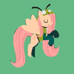 Size: 2048x2048 | Tagged: safe, artist:cyberspit, imported from derpibooru, fluttershy, pegasus, pony, antonymph, clothes, eyes closed, fluttgirshy, gir, green background, hoodie, simple background, solo