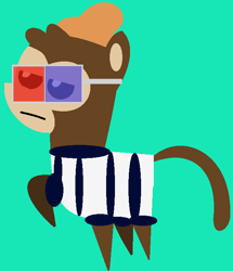 Size: 588x684 | Tagged: safe, artist:jadeharmony, artist:pegasusnameddeath, imported from derpibooru, oc, oc only, oc:block chain, earth pony, monkey, pony, 3d glasses, :i, april fools, april fools 2022, base used, blue background, bored ape yacht club, bored pony yacht club, clothes, male, nft, raised hoof, shirt, simple background, solo, stallion