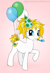Size: 515x750 | Tagged: safe, artist:shadobabe, imported from derpibooru, oc, oc only, earth pony, pony, balloon, earth pony oc, eyelashes, female, hat, mare, party hat, party horn, raised hoof, solo