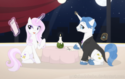 Size: 1100x695 | Tagged: safe, artist:shadobabe, imported from derpibooru, fancypants, fleur-de-lis, pony, unicorn, bottle, clothes, duo, fancyfleur, female, full moon, glow, glowing horn, horn, indoors, jewelry, magic, male, mare, monocle, moon, night, ring, shipping, sitting, stallion, stars, straight, table, telekinesis, unshorn fetlocks, wedding ring, wine bottle