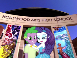 Size: 1024x768 | Tagged: safe, edit, editor:undeadponysoldier, imported from ponybooru, rarity, spike, human, equestria girls, arch, bedroom eyes, blushing, crossover, equestria girls in real life, female, happy, highschool, hollywood arts high school, human spike, humanized, looking at you, makeup, male, school, shipping, sign, sitcom, sparity, straight, victorious