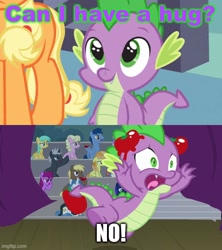 Size: 500x562 | Tagged: safe, edit, edited screencap, imported from ponybooru, screencap, applejack, spike, dragon, earth pony, pony, horse play, spike at your service, abuse, booing, denied, female, food, hug request, male, solo focus, spikeabuse, stage, tomato, tomatoes