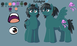Size: 2531x1536 | Tagged: safe, artist:fatjelyfish, imported from derpibooru, oc, oc only, oc:fat jellyfish, pegasus, black mane, blue background, blue fur, brown eyes, dreadlocks, front view, male, reference sheet, simple background, solo, spread wings, wings