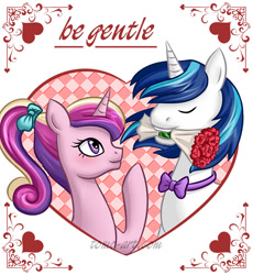 Size: 735x800 | Tagged: safe, artist:facja, imported from derpibooru, princess cadance, shining armor, pony, bowtie, female, flower, holiday, male, mare, mouth hold, ponytail, shiningcadance, shipping, stallion, straight, valentine's day, valentine's day card