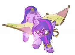 Size: 1591x1162 | Tagged: safe, artist:manicpanda, imported from derpibooru, twilight sparkle, earth pony, pony, artificial wings, augmented, coat markings, earth pony twilight, female, g5 concept leaks, goggles, mare, race swap, simple background, solo, twilight sparkle (g5 concept leak), white background, wings