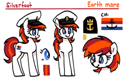 Size: 772x487 | Tagged: safe, artist:plunger, oc, oc only, oc:silverfoot, earth pony, pony, earth pony oc, female, hat, mare, reference sheet, simple background, smiling, solo, standing, white background