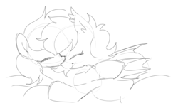 Size: 430x261 | Tagged: safe, artist:plunger, oc, oc only, oc:bats, oc:filly anon, oc:silverfoot, bat pony, earth pony, pony, bat ponified, bat pony oc, bat wings, cuddling, ear fluff, earth pony oc, eyes closed, female, filly, kissing, mare, monochrome, race swap, shipping, simple background, sketch, smiling, white background, wings