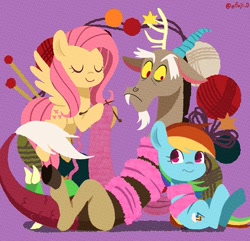 Size: 1193x1150 | Tagged: safe, artist:efuji_d, imported from derpibooru, discord, fluttershy, rainbow dash, draconequus, earth pony, pegasus, cute, dexterous hooves, eyes closed, female, knitting, knitting needles, looking at each other, looking at someone, male, mare, purple background, shyabetes, signature, simple background, smiling, tied up, trio, worried, yarn, yarn ball