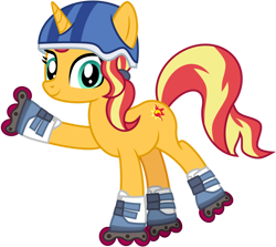 Size: 1024x914 | Tagged: safe, artist:emeraldblast63, imported from derpibooru, sunny starscout, sunset shimmer, pony, unicorn, equestria girls, female, g5, helmet, mare, roller skates, simple background, solo, transparent background