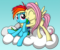 Size: 1477x1230 | Tagged: safe, artist:reconprobe, imported from derpibooru, fluttershy, rainbow dash, pegasus, pony, cloud, female, filly, filly fluttershy, filly rainbow dash, hug, younger