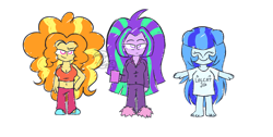 Size: 3720x1880 | Tagged: safe, artist:iceflower99, imported from derpibooru, adagio dazzle, aria blaze, sonata dusk, equestria girls, barefoot, belly button, breasts, busty adagio dazzle, clothes, coffee, coffee mug, cute, doodle, feet, female, happy, height difference, looking at you, morning ponies, mug, pajamas, simple background, sketch, slippers, smiling, sonatabetes, the dazzlings, twintails, white background