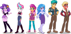 Size: 4000x1926 | Tagged: safe, artist:orin331, imported from derpibooru, hitch trailblazer, izzy moonbow, pipp petals, sprout cloverleaf, sunny starscout, zipp storm, human, equestria girls, accessory, boots, bracelet, braid, clothes, converse, crossed arms, cutie mark on clothes, equestria girls-ified, female, fingerless gloves, frown, g5, g5 to equestria girls, gloves, graveyard of comments, grin, group, hand on hip, high res, human pipp petals, jacket, jewelry, leather, leather boots, leather jacket, looking at you, male, mane five (g5), movie accurate, my little pony: a new generation, new mane six (g5), open mouth, open smile, overalls, sextet, shadow, shoes, simple background, smiling, sneakers, standing, stockings, thigh boots, thigh highs, transparent background, uniform, wall of tags