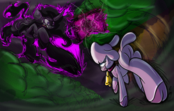 Size: 5200x3300 | Tagged: safe, artist:malachimoet, imported from derpibooru, classical unicorn, lamb, sheep, unicorn, them's fightin' herds, bell, bell collar, book, butt, cloven hooves, collar, community related, dark magic, floating, forest, frown, leonine tail, magic, oleander (tfh), plot, pom (tfh), scared, sharp teeth, sweat, sweatdrop, teeth, tree, unicornomicon, unshorn fetlocks