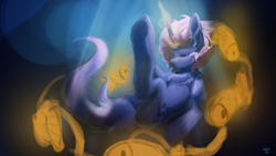 Size: 3840x2160 | Tagged: safe, artist:rainsketch, imported from derpibooru, oc, oc only, oc:can opener, fish, pony, unicorn, beautiful, butt, crepuscular rays, eyes closed, fish whisperer, floating, flowing tail, glow, glowing, glowing horn, high res, horn, magic, ocean, plot, signature, smiling, solo, sunlight, tail, underwater, vylet pony, water