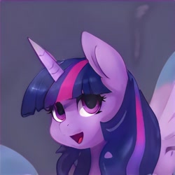 Size: 1024x1024 | Tagged: safe, imported from derpibooru, alicorn, ai content, ai generated, generator:thisponydoesnotexist, looking at you, not twilight sparkle, smiling, smiling at you, solo