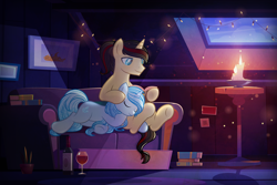 Size: 3000x2007 | Tagged: source needed, safe, artist:rish--loo, imported from derpibooru, oc, oc only, oc:eternal light, alicorn, cat, pony, unicorn, alcohol, alicorn oc, blue eyes, book, bottle, candle, carpet, cloud, couch, duo, duo male and female, fairy lights, female, glass, high res, hoof on head, horn, male, mare, picture frame, plant pot, ponytail, reading, red wine, shadow, sitting, sleeping, smiling, stallion, table, tail, two toned mane, two toned tail, unicorn oc, window, wine, wine bottle, wine glass, wings