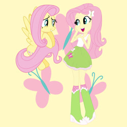 Size: 1280x1280 | Tagged: safe, artist:masem, artist:media1997, artist:sketchmcreations, imported from derpibooru, fluttershy, pegasus, pony, equestria girls, cutie mark background, female, human ponidox, mare, self paradox, self ponidox, show accurate, simple background, yellow background