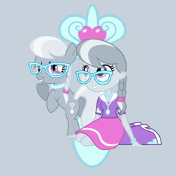 Size: 1280x1280 | Tagged: safe, artist:leopurofriki, artist:media1997, artist:punzil504, imported from derpibooru, silver spoon, earth pony, pony, equestria girls, butt, cutie mark background, female, filly, foal, glasses, human ponidox, jewelry, necklace, pearl necklace, plot, self paradox, self ponidox