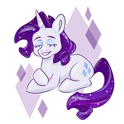 Size: 1280x1280 | Tagged: safe, artist:domorri, imported from derpibooru, rarity, pony, unicorn, crossed hooves, eyes closed, eyeshadow, female, lying down, makeup, mare, prone, simple background, smiling, solo, sparkles, white background