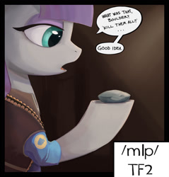 Size: 1500x1571 | Tagged: safe, imported from derpibooru, maud pie, earth pony, /mlp/, /mlp/ tf2 general, 4chan, boulder (g4), crossover, dialogue, duo, female, heavy weapons guy, open mouth, pet rock, speech bubble, talking, team fortress 2