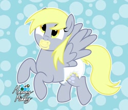 Size: 900x775 | Tagged: safe, artist:mommymidday, imported from derpibooru, derpy hooves, pegasus, pony, abdl, adult foal, blonde, cross-eyed, cute, derpabetes, diaper, diaper fetish, fetish, flying, non-baby in diaper, pacifier, show accurate, simple background, solo, spread wings, wings