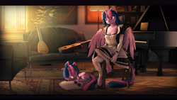 Size: 9600x5400 | Tagged: safe, artist:imafutureguitarhero, imported from derpibooru, sci-twi, twilight sparkle, alicorn, anthro, classical unicorn, pony, unguligrade anthro, 3d, absurd resolution, acoustic guitar, anthro ponidox, anthro with ponies, black bars, book, bookshelf, butt, carpet, chair, cheek fluff, chest freckles, chromatic aberration, clothes, cloven hooves, colored eyebrows, colored eyelashes, couch, curtains, cute, daaaaaaaaaaaw, dress, duo, dust, ear fluff, ear freckles, ear piercing, earring, eyes closed, female, film grain, floppy ears, fluffy, fluffy mane, fluffy tail, freckles, french maid, fur, gloves, glowing, guitar, hoof fluff, horn, indoors, jewelry, lamp, leg fluff, leggings, leonine tail, long gloves, long socks, lute, maid, maidlight sparkle, mare, multicolored hair, multicolored mane, multicolored tail, musical instrument, necklace, nose wrinkle, outfit, paintover, piano, piercing, pillow, plot, potted plant, revamped anthros, revamped ponies, satin, scitwilicorn, seat, self paradox, self ponidox, signature, sitting, sleeping, smiling, socks, source filmmaker, stool, tail, twiabetes, twilight sparkle (alicorn), underhoof, unshorn fetlocks, volumetric light, wall of tags, window, wing fluff, wings, wooden floor