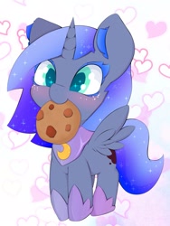 Size: 1875x2500 | Tagged: safe, artist:zokkili, imported from derpibooru, princess luna, alicorn, pony, colored pupils, cookie, cute, ear fluff, ethereal mane, female, filly, foal, food, full body, heart, high res, hoof shoes, hooves, horn, lunabetes, mouth hold, solo, sparkles, sparkly eyes, spread wings, starry mane, wingding eyes, wings, woona, younger