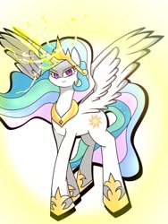 Size: 768x1024 | Tagged: safe, artist:zeon_starlight, imported from derpibooru, princess celestia, alicorn, pony, celestia is not amused, female, gem, jewelry, looking at you, magic, magic aura, mare, regalia, solo, spread wings, unamused, wings