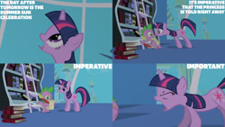 Size: 1280x720 | Tagged: safe, edit, edited screencap, editor:quoterific, imported from derpibooru, screencap, spike, twilight sparkle, dragon, pony, unicorn, friendship is magic, season 1, book, bookshelf, duo, eyes closed, female, ladder, looking up, male, mare, open mouth, quill, scroll, text, twilight's canterlot home, unicorn twilight