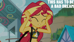 Size: 1280x720 | Tagged: safe, edit, edited screencap, editor:quoterific, imported from derpibooru, screencap, sunset shimmer, equestria girls, equestria girls series, forgotten friendship, beach, belly button, eyes closed, female, geode of empathy, implied pain, jewelry, magical geodes, necklace, solo, text