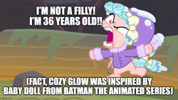 Size: 1281x725 | Tagged: safe, edit, edited screencap, imported from derpibooru, screencap, cozy glow, pegasus, pony, frenemies (episode), caption, cozy glow is not amused, female, headcanon, image macro, solo, text, theory, unamused