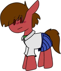 Size: 1068x1236 | Tagged: safe, artist:darksoma, imported from derpibooru, oc, earth pony, blushing, clothes, crossdressing, dress shirt, embarrassed, male, ponysona, project, shirt, skirt, solo