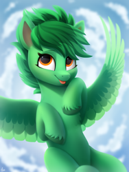 Size: 1500x2000 | Tagged: safe, artist:luminousdazzle, imported from derpibooru, oc, oc only, oc:silvia, pegasus, pony, :p, bangs, birthday, birthday gift, blank flank, blurry background, cloud, cute, day, eyebrows, eyelashes, feathered wings, female, flying, green, looking up, mare, orange eyes, outdoors, pegasus oc, sky, smiling, solo, spread wings, tongue out, unshorn fetlocks, wings