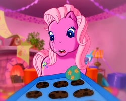 Size: 991x787 | Tagged: safe, edit, edited screencap, imported from derpibooru, screencap, pinkie pie, pinkie pie (g3), meet the ponies, burnt, cookie, food, g3, pinkie pie's party party, tray